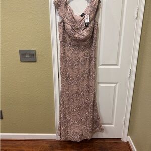 Xscape Women's Off the Shoulder Long Lace Dress Dusty Rose Mocha NWT